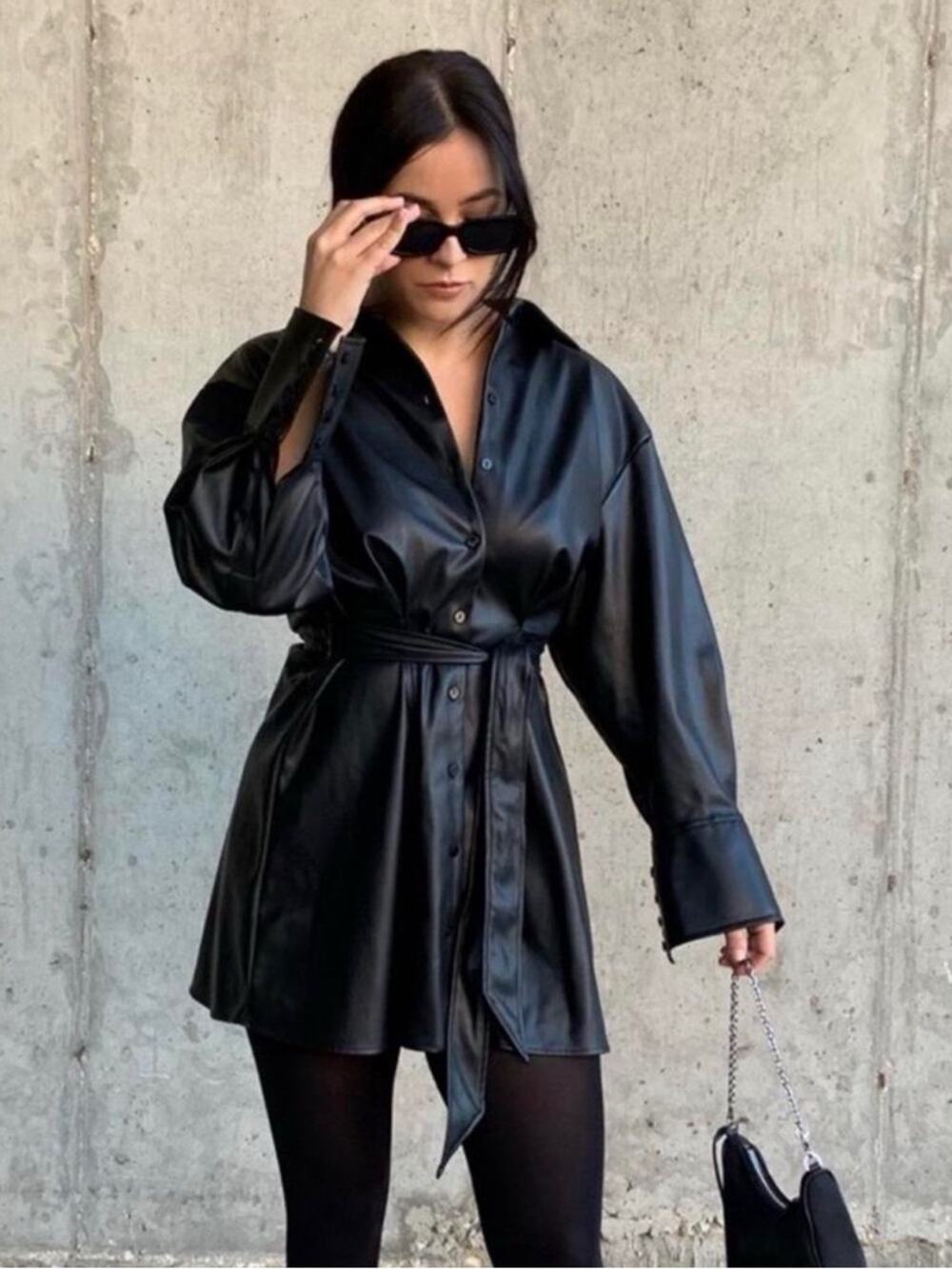 NWT Zara Black Faux Leather Shirt Dress
